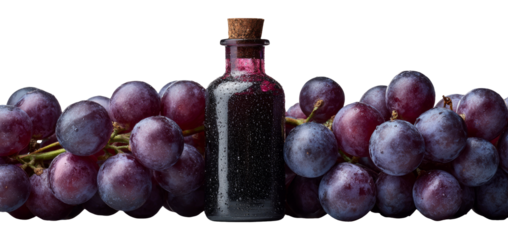 Dark Purple Grapes and Corked Bottle with Dew on Clear Background