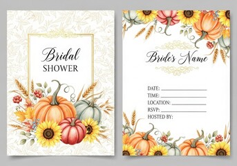 Autumn bridal shower invitation with pumpkins and sunflowers