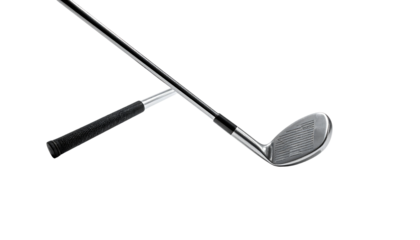 Sleek, metallic golf wedge with textured grip and angled shaft, isolated on black background