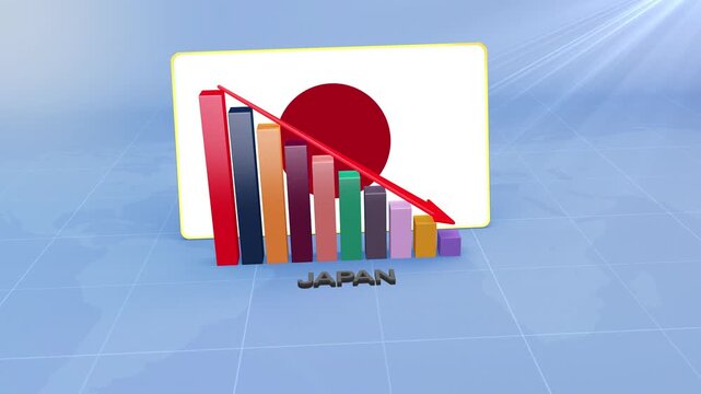 Japan Flag on 3D Bar Graph with Downward Red Arrow Economic Crisis Concept