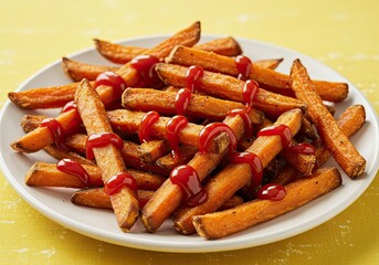 Sweet Potato Fries with Ketchup on Studio Bright Blue Background 