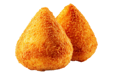 Crispy Brazil coxinha snack filled with shredded chicken croquettes and creamy cheese, isolated on white transparent background, concept of South American Cuisine