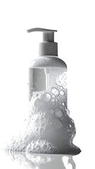 White pump bottle with foamy lather, partially submerged on reflective surface, against black background