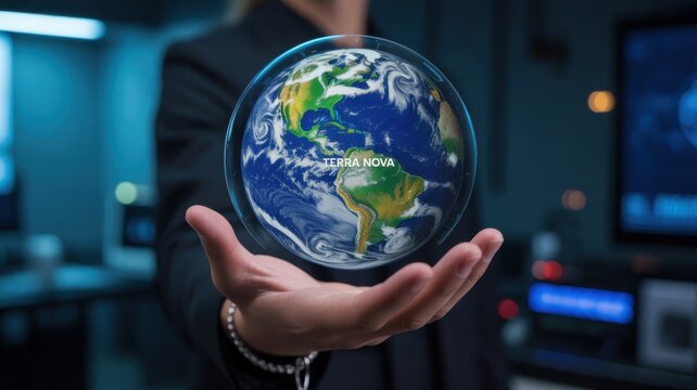 Person holding a holographic Earth globe with "Terra Nova" text in a futuristic setting