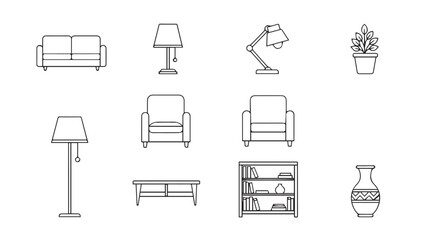 Collection of hand drawn furniture and decor items silhouette