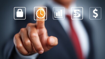Businessman in suit engaging with interactive display, touching button on modern interface.