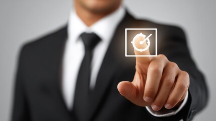 Businessman in suit engaging with interactive display, a symbol of modern technological interface.