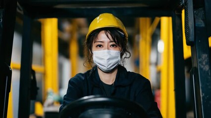 Asian woman on forklift working for warehouse industrial factory - Operator, logistic and safety concept - Model by AI generative - Powered by Adobe