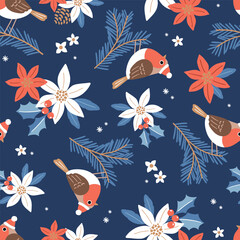 Seamless vector pattern with cute robin on winter floral background. Hand drawn Christmas foliage with poinsettia, berry and pine branch. Perfect for textile, wallpaper or nursery print design. 