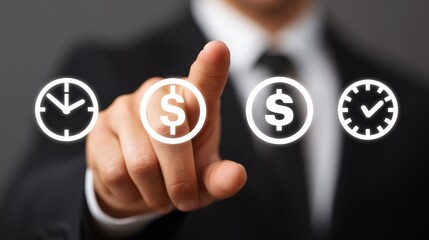 Time management concept, businessman in suit points to clock, emphasizing punctuality and deadline.