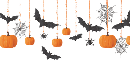 Banner with hanging bats, pumpkins, and spiderwebs, Halloween party theme, isolated on transparent background 