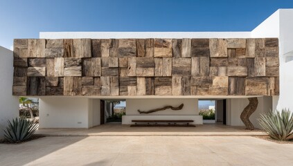 A modern architectural facade features a striking wall of reclaimed wood panels, creating a textural contrast against the pristine white walls.