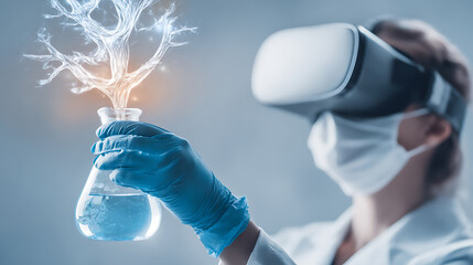 Scientist using virtual reality headset to analyze glowing chemical reaction in laboratory flask