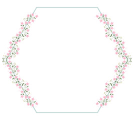 Green Hexagon Floral Border Frame With Pink Cherry Blossom And Green Leaves