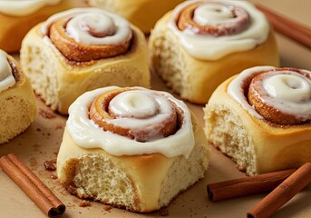 Warm Cinnamon Rolls with Frosting on Creamy Tan Background 