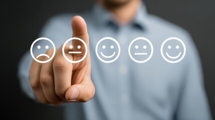 Man selecting positive feedback, a visual representation of customer satisfaction and service excellence.