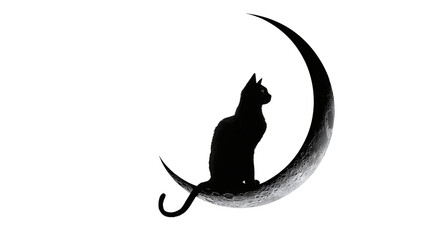 Fototapeta premium Black cat sitting on crescent moon silhouette, mystical Halloween design, isolated on transparent background 