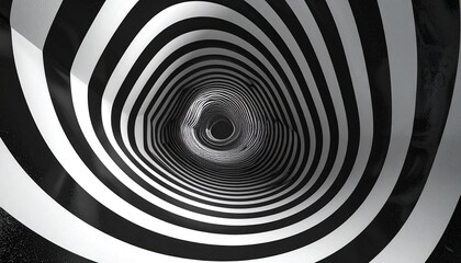 Hypnotic black and white spiral tunnel optical illusion with a sense of depth and motion