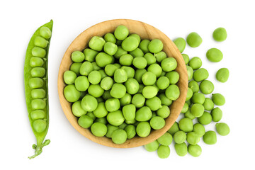 Fresh green peas in wooden bowl isolated on white background. Top view. Flat lay