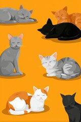 Flat Illustration of Playful Cats in Minimal Geometric Style
