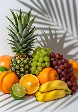 Tropical fruit display with pineapple, bananas, oranges, and grapes casting palm leaf shadows on white, evoking freshness, summer, and healthy eating

