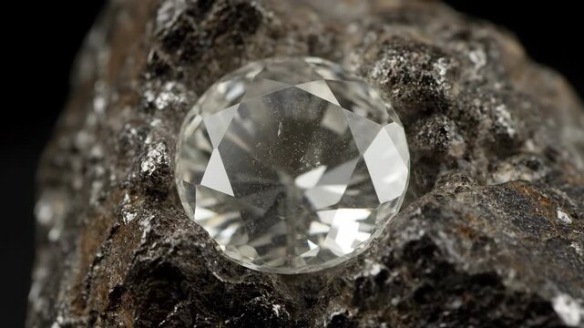 Close up of Rough Diamond Resting on Dark Kimberlite Rock During Daytime in a Laboratory