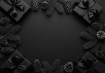 Black Friday sale shopping concept, Top view of gift box wrapped black paper and black bow ribbon present around free copy space for text, studio shot on dark background