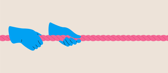 Two human hands pulling a thick rope. Colorful vector illustration