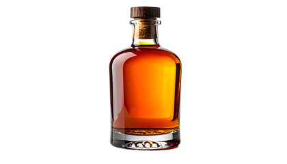 Amber liquid fills a clear glass bottle with a rounded body, a thick base, and a wood-topped cork