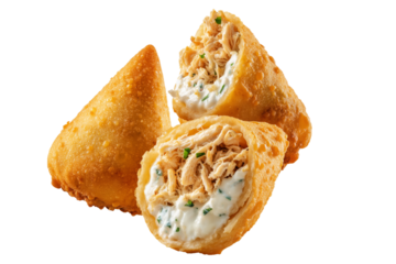 Crispy Brazil coxinha snack filled with shredded chicken croquettes and creamy cheese, isolated on white transparent background, concept of South American Cuisine