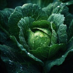 Obraz premium Fresh green cabbage head with water droplets in garden.