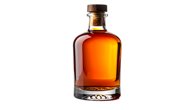 Amber liquid fills a clear glass bottle with a rounded body, a thick base, and a wood-topped cork