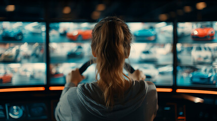A person with long hair viewed from behind, operating a control panel in a high-tech environment with multiple screens displaying vehicles.