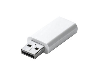 White rectangular USB adapter, slightly angled, showcasing a USB-A connector.  Sleek, minimalist design