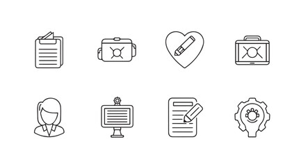 Collection of eight simple line art icons representing various objects and concepts silhouette