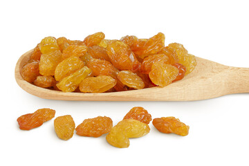 Yellow Raisins in wooden spoon isolated on white background.