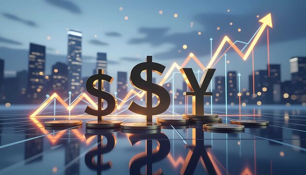 Global financial growth and investment success are shown by a rising graph and currency symbols