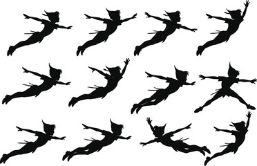 Flying character silhouettes set, fantasy figure, magical boy, pointed hat, flight poses, fairy tale hero, whimsical design, animation sequence, adventure illustration