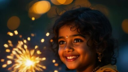 Joyful indian child celebrates diwali face glowing from a sparkler radiating happiness embodying the vibrant festival of lights