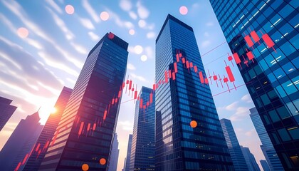 Financial market collapse shows red stock charts over modern skyscrapers