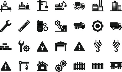 Construction, industry, engineering, factory, crane, truck, gear, silhouette, icon set, black vector, tools, infrastructure, building, equipment, logistics, safety, architecture, machinery