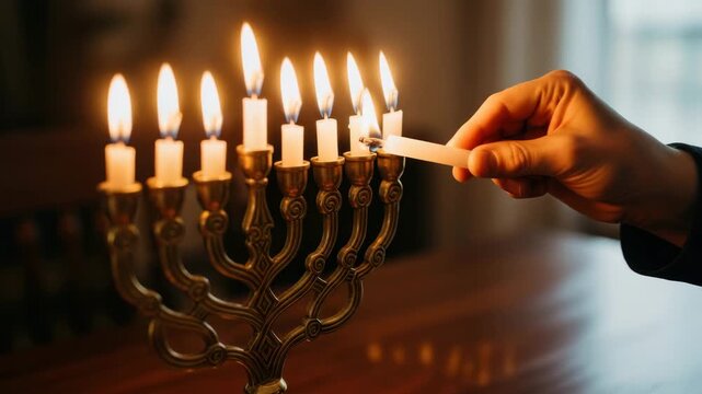 Lighting hanukkah candles on menorah jewish holiday video, ai generated