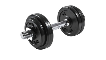Naklejka premium A black dumbbell with weight plates on either side of a metallic bar, isolated on a black background