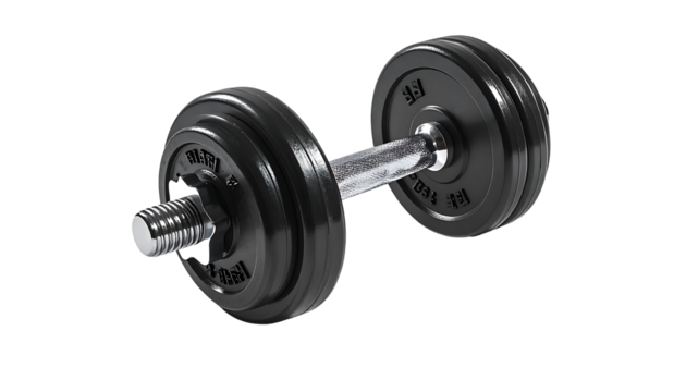 A black dumbbell with weight plates on either side of a metallic bar, isolated on a black background