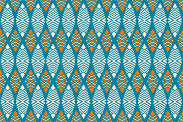 Colorful geometric ethnic seamless pattern with traditional tribal ornaments in orange, teal, and white. Perfect for textile design, fabric prints, wallpapers, and decorative backgrounds.