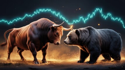Stock Market Duel: A dramatic depiction of the financial markets, with a fierce bull locked in a tense standoff with a formidable bear. The animated data charts, representing market fluctuations.