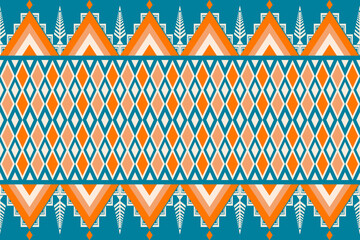 Colorful geometric ethnic seamless pattern with traditional tribal ornaments in orange, teal, and white. Perfect for textile design, fabric prints, wallpapers, and decorative backgrounds.