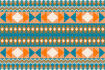 Colorful geometric ethnic seamless pattern with traditional tribal ornaments in orange, teal, and white. Perfect for textile design, fabric prints, wallpapers, and decorative backgrounds.