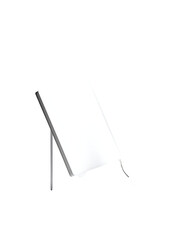 A white rectangular panel on a simple, angled, silver stand; isolated on black
