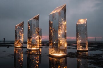 Crystal columns glowing on a watery shore
